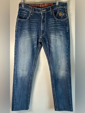 Harley Davidson Mens Denim Jeans White Stitch Straight Leg Missing Tag See Desc